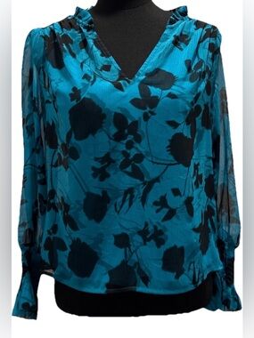 INC Women's Long Sleeve Floral Blue/Black Blouse with Camisole, Size XS, NWT